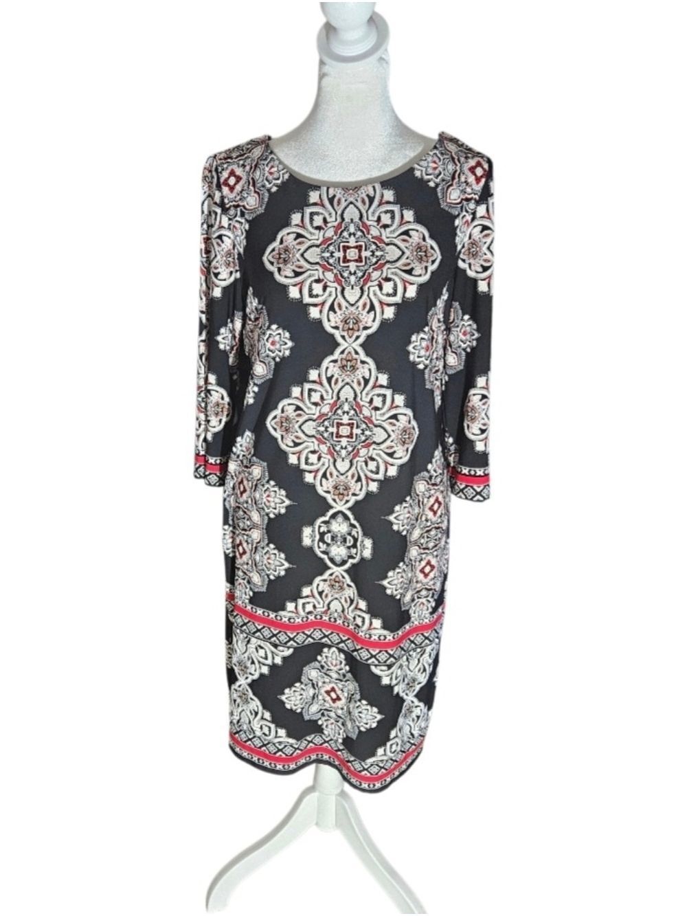 Studio One New York Black Red Cream 3/4 Sleeve Medallion Patterned Midi Dress - Picture 9 of 17